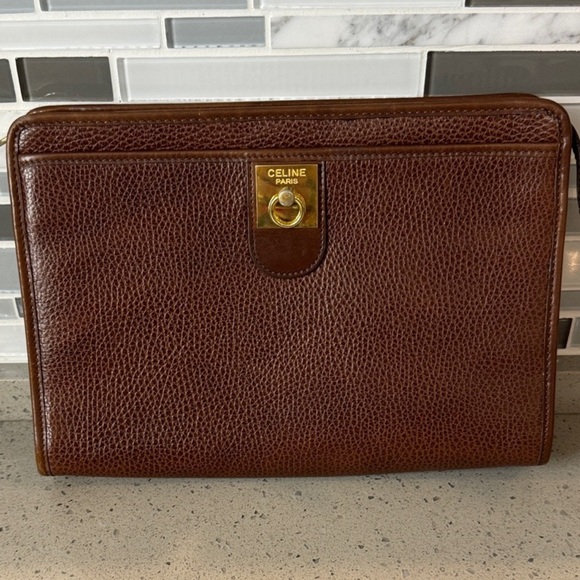 Luxury Celine Clutch Bag Gancini Brown Pebbled  Leather Elegant Classic Design - Picture 1 of 10